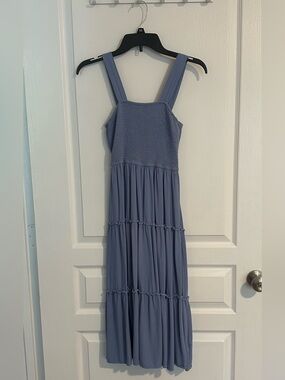 Smocked Bodice Tiered Maxi Dress in Dusty Blue